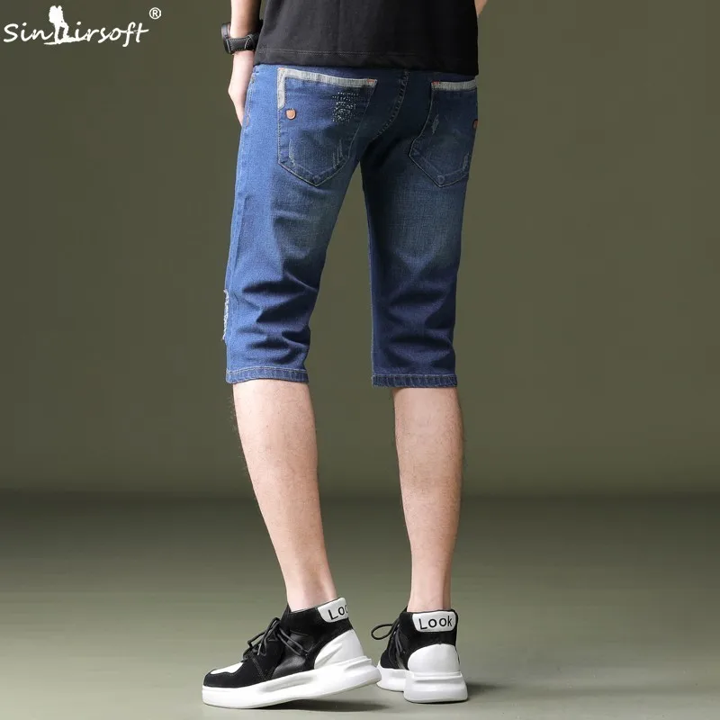 Летние мужские джинсовые шорты свободные Стрейчевые пять штанов модные потертые