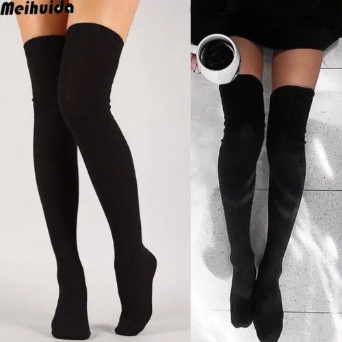 Соблазнительные женские теплые вязаные длинные чулки до бедра выше колена для