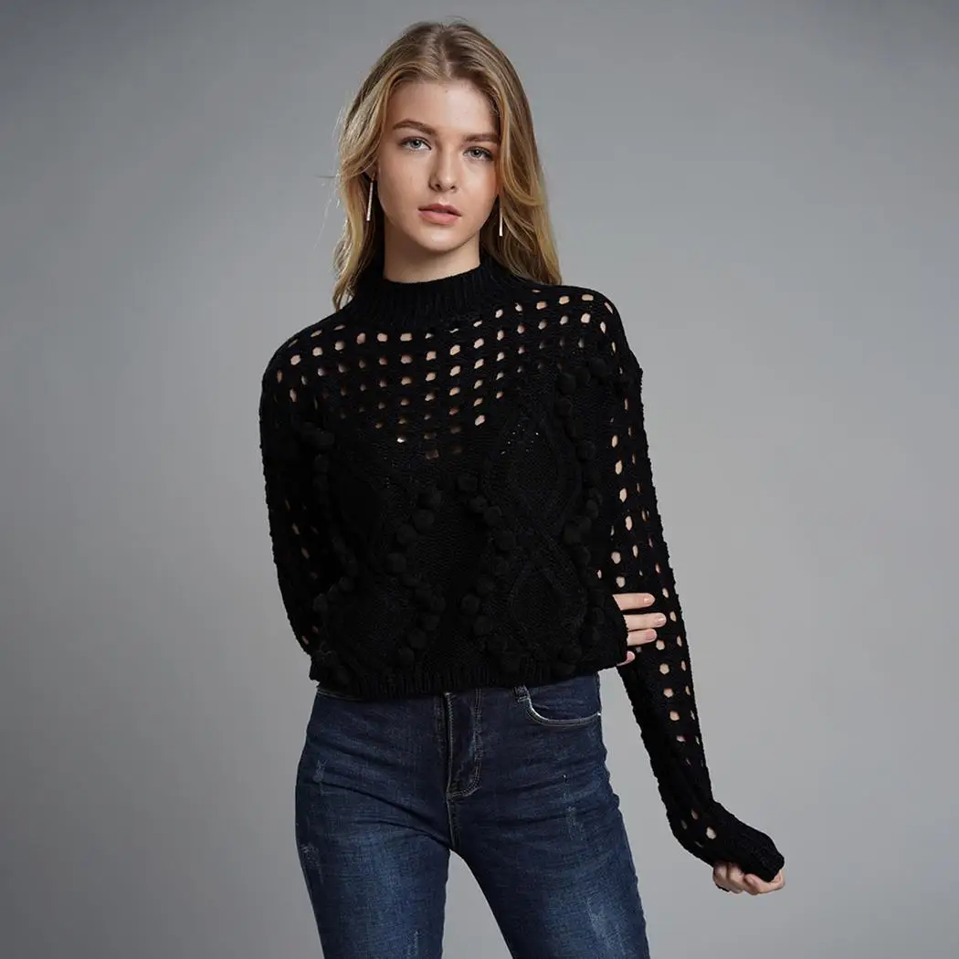 Women Casual Turtleneck Long Sleeve Solid Loose Hollow Autumn Winter Black White Pullover Sweater | Женская одежда
