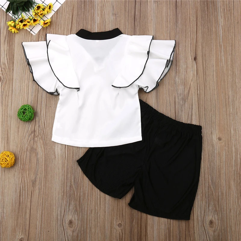 

2019 Summer 2PCS Toddler Kids Girl Clothes Ruffle Fly Sleeve T-shirt Tops+Short Pants Outfits 2-7Y