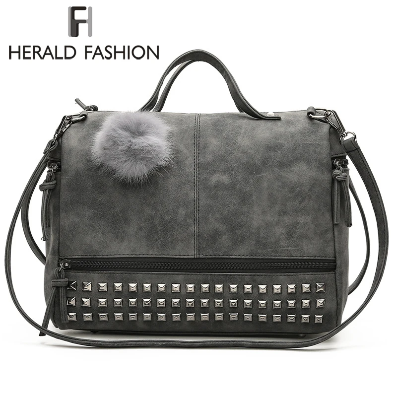 Herald Fashion Женская сумка-тоут с заклепками кожаные женские сумки помпоном для волос