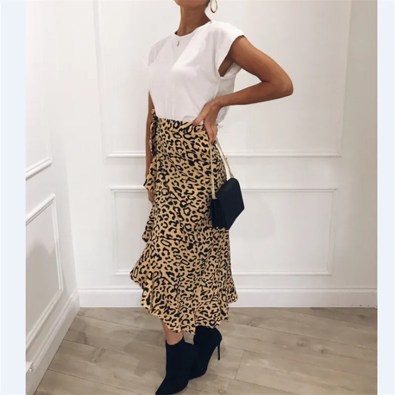Лето 2018 kawaii boho bodycon Леопардовый принт высокая талия юбки женские миди леопардовая