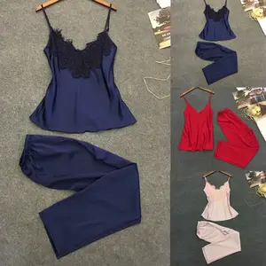 Женское шелковое нижнее белье без рукавов, 2 шт., Повседневная Свободная Пижама, женские летние однотонные пижамы, топ с v-образным вырезом, длинные штаны