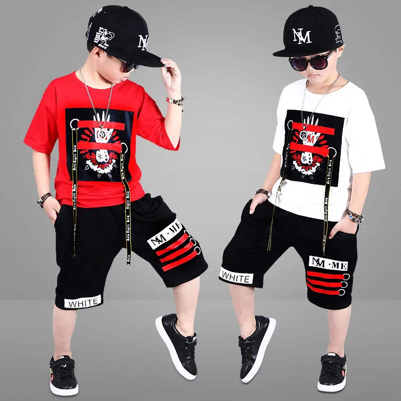 2018 New Children's Cool Hip Hop Dance Clothes Set Kids Performance Cotton Short Sleeve Pattern Belt T-shirt+Short Pants Suits | Детская