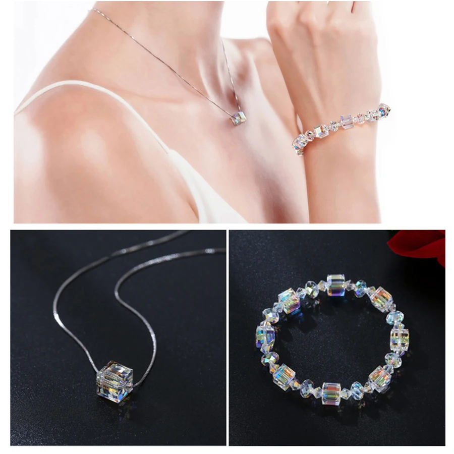Женский браслет с квадратными кристаллами Swarovski роскошный из стерлингового