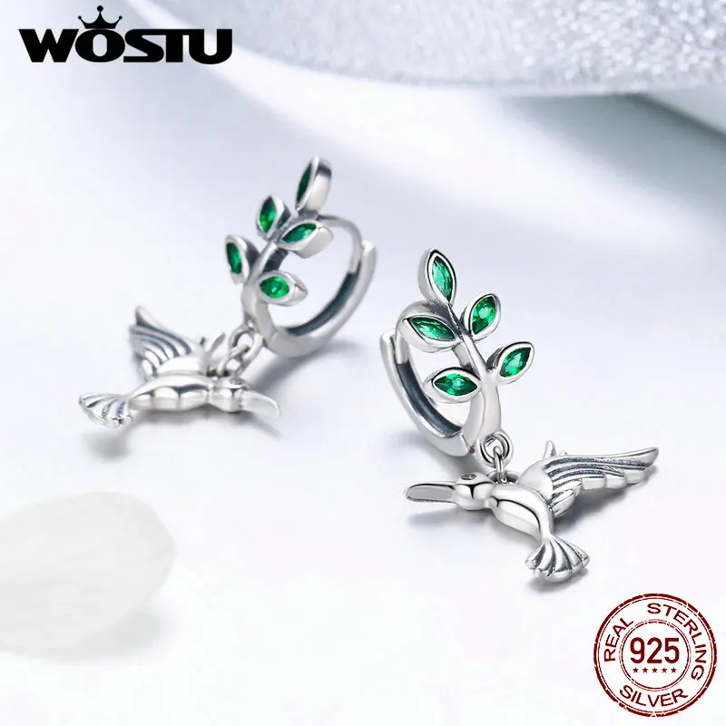 Женские серьги гвоздики в виде зеленых листьев и птиц из серебра 100%