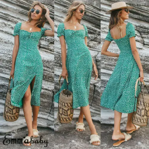Womens Boho Dress Polka Dot Party Ladies Clubwear Sundress Summer Printed Color Casual Ankel Mid-Calf Female | Женская одежда