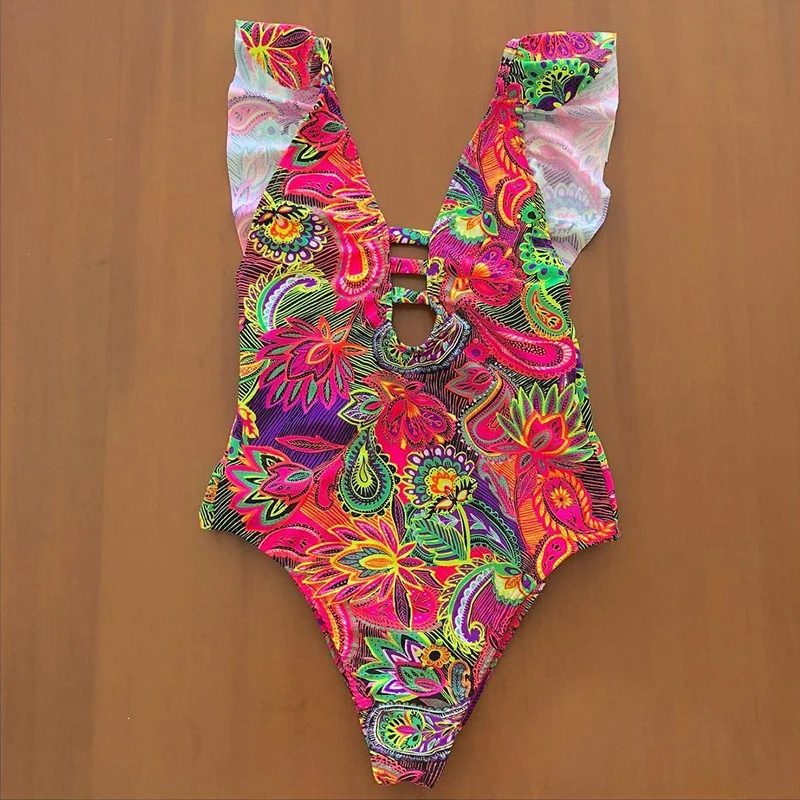 Peachtan Ruffle floral print bikini 2019 new High cut swimsuit one piece Deep v-neck swimwear women bathing suit Summer beach | Спорт и
