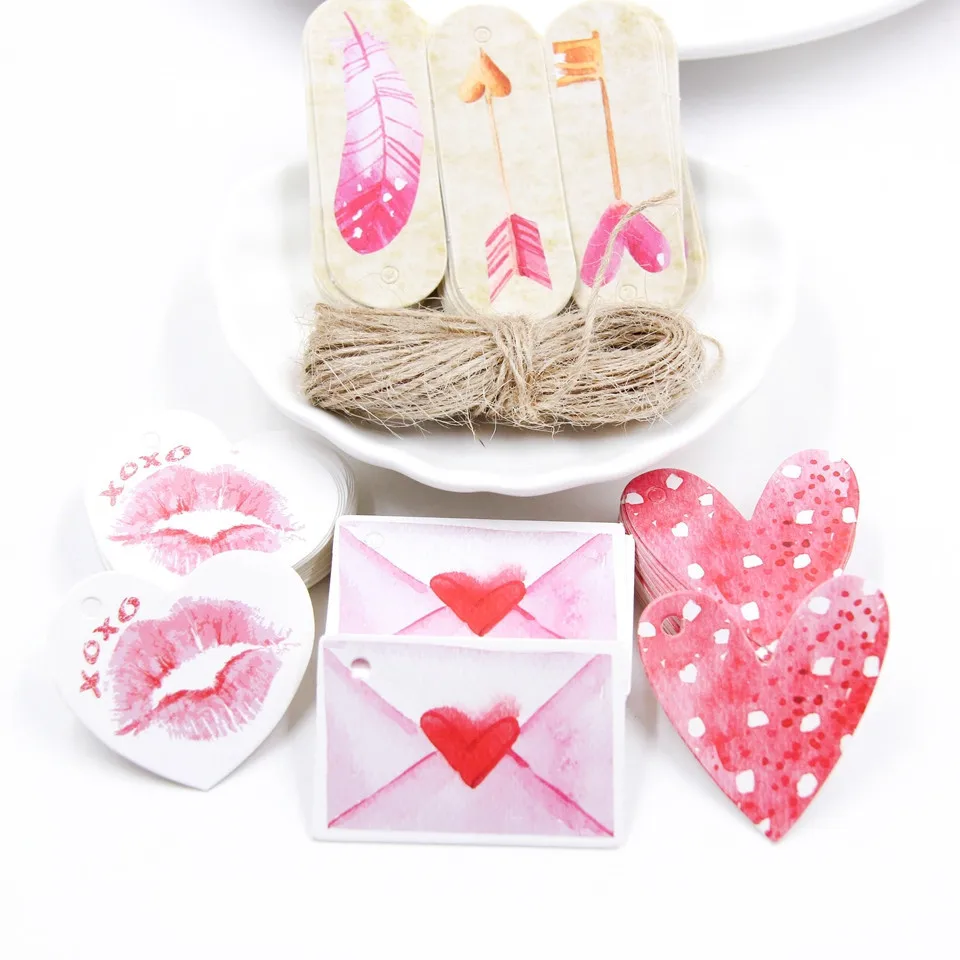 

50PCS/Lot Paper Tags Label with Hemp Rope Wedding Valentine's Day DIY Package Party Decorations Hang Tag Gifts Wrapping Supplies