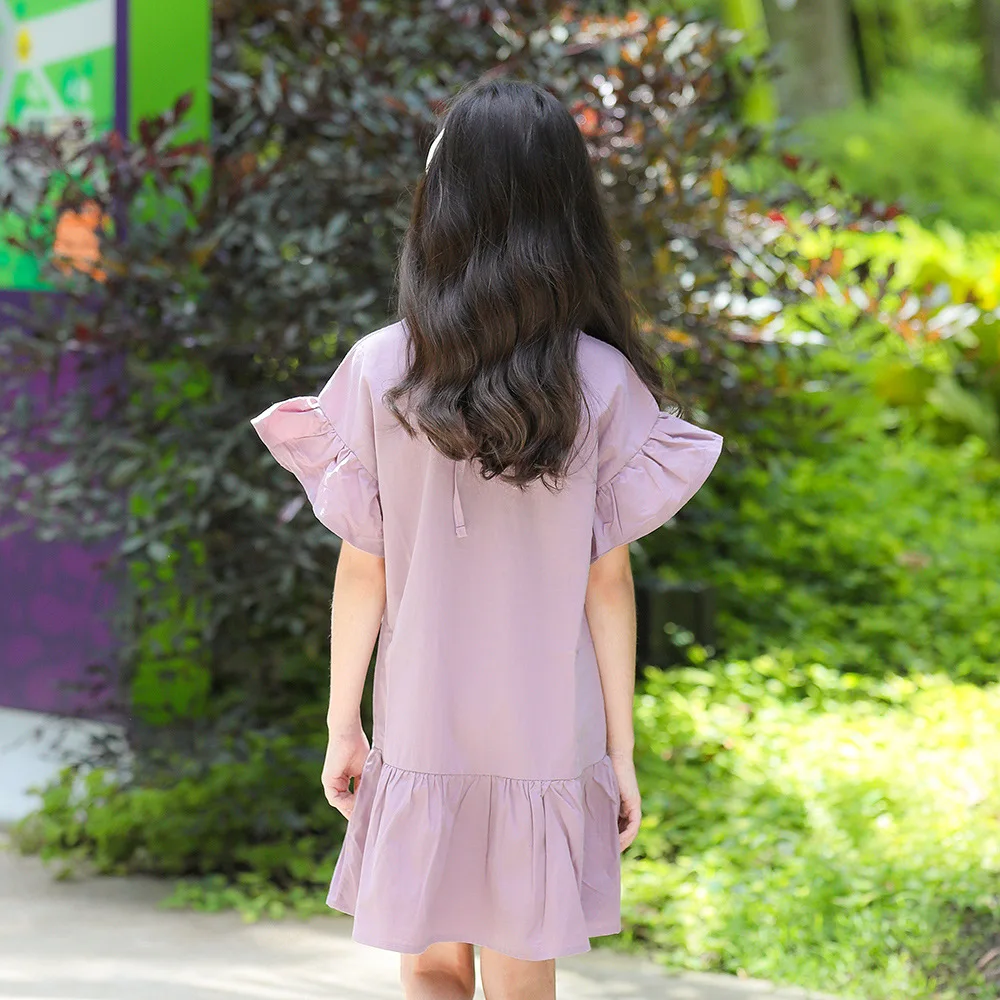 2019 new summer short sleeve knit dress simple casual school style age for 4-14 yrs teenage girl loose cotton ruffle frock | Детская