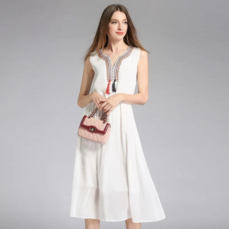 Willstage 2019 summer White chiffon dress Women Bohemian beach Wear seaside resort boho Sleeveless Tassel patchwork | Женская одежда