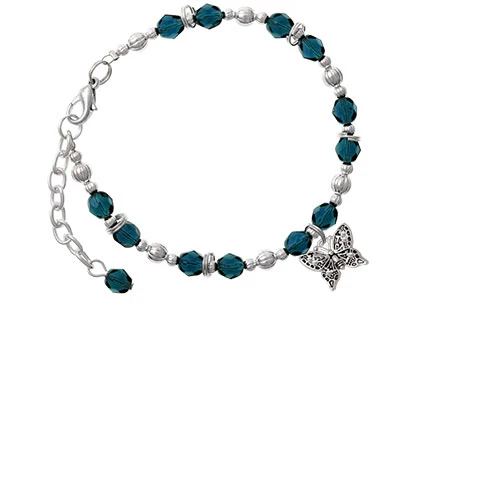Silvertone Small Antiqued Crystal Butterfly Navy Blue Beaded Bracelet |