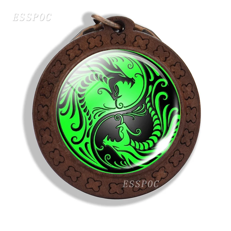Деревянный брелок Yin Yang Dragon стекло кабошон подвеска животный китайский