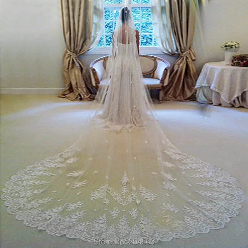 

White or Ivory One-Layer Stunning Long Wedding Veils Lace EdgeTulle Veil for Bride with Comb HL2019