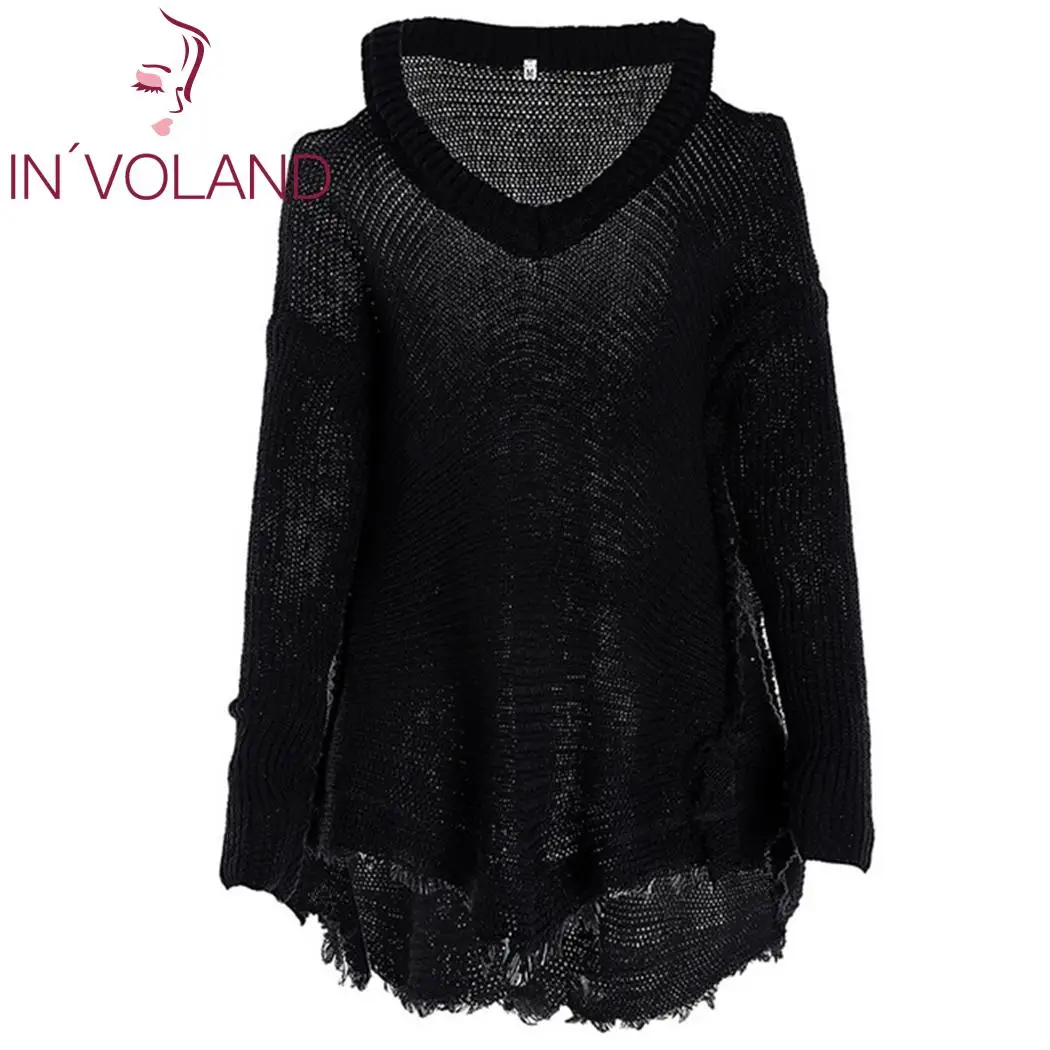 Для женщин с открытыми плечами v-образный вырез свитер длинный осень весна зима