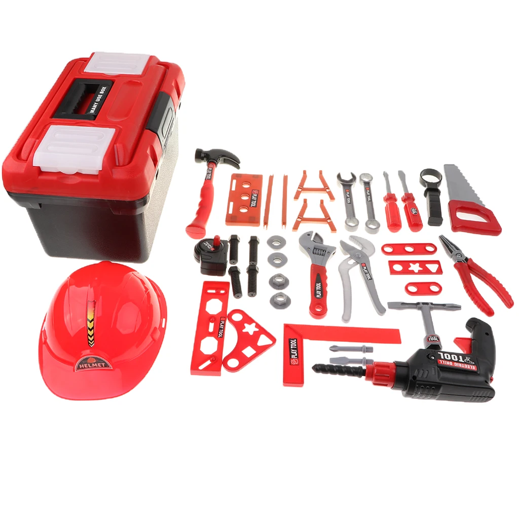 

32 Pieces of Plastic Repair Tool Set, with Electric Drill, Safety Helmet, Hammer and Toolbox, Pretend Play Toy for Kids