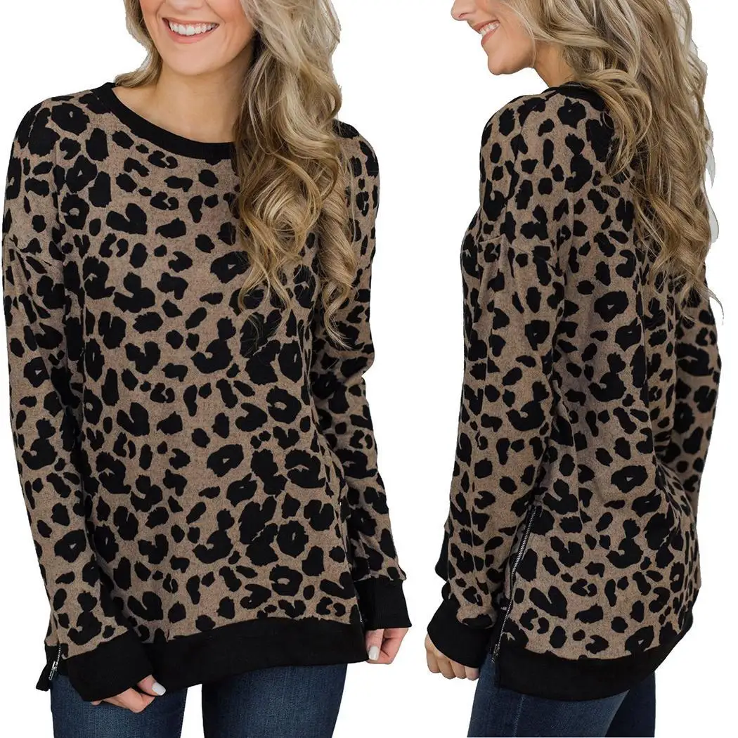Женский модный Повседневный пуловер с леопардовым принтом круглый вырез обычная