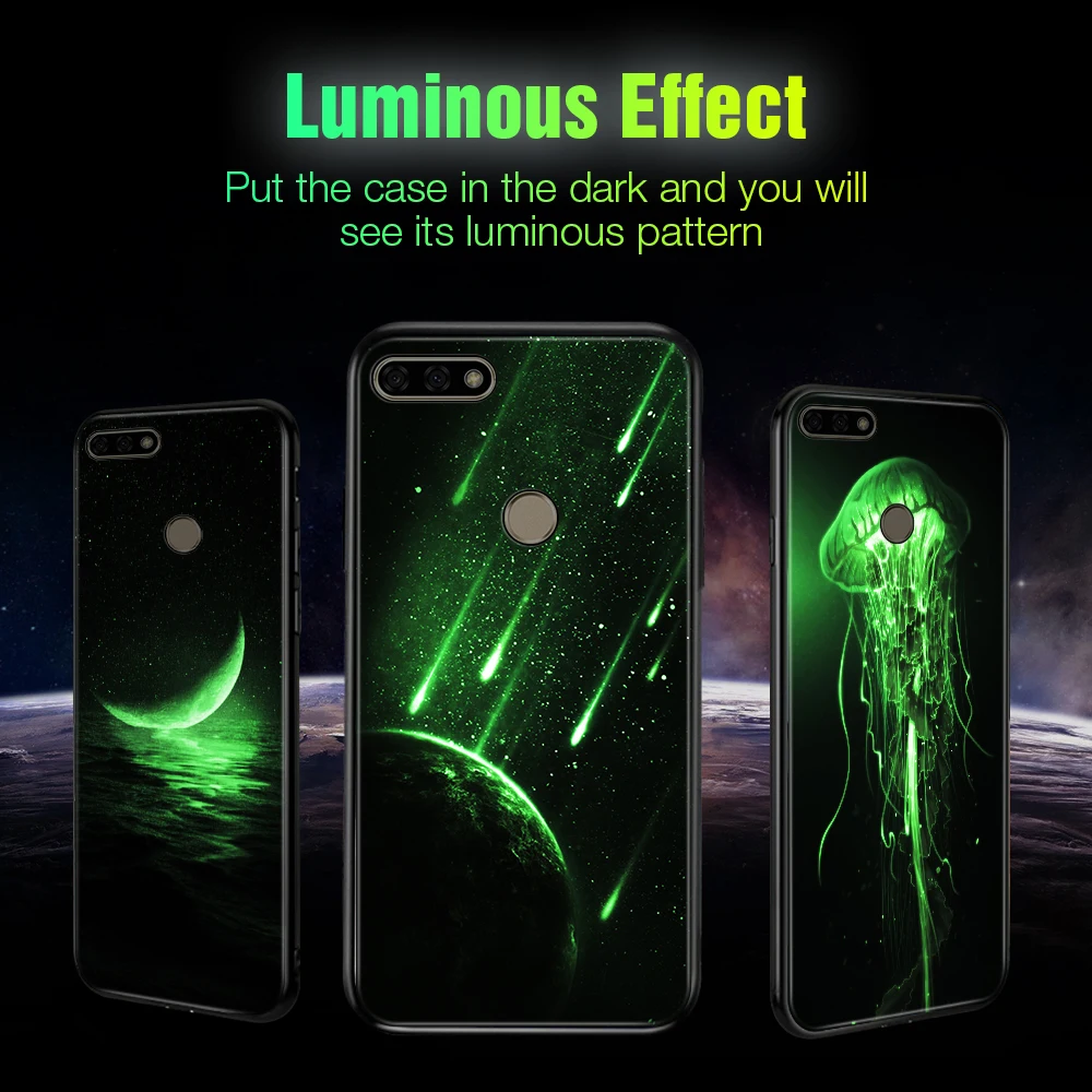 Hisomone Luminous Cover Case For Huawei Honor 7C 7A Luxury Glass Silicone Phone Pro Animal Space Back |