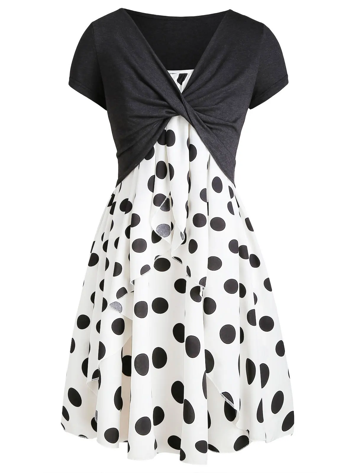 

Polka Dot Cami Dress With Twist Crop T-Shirt Summer Short Sleeve Two Pieces Dress Casual Sundress Summer Boho Vestidos