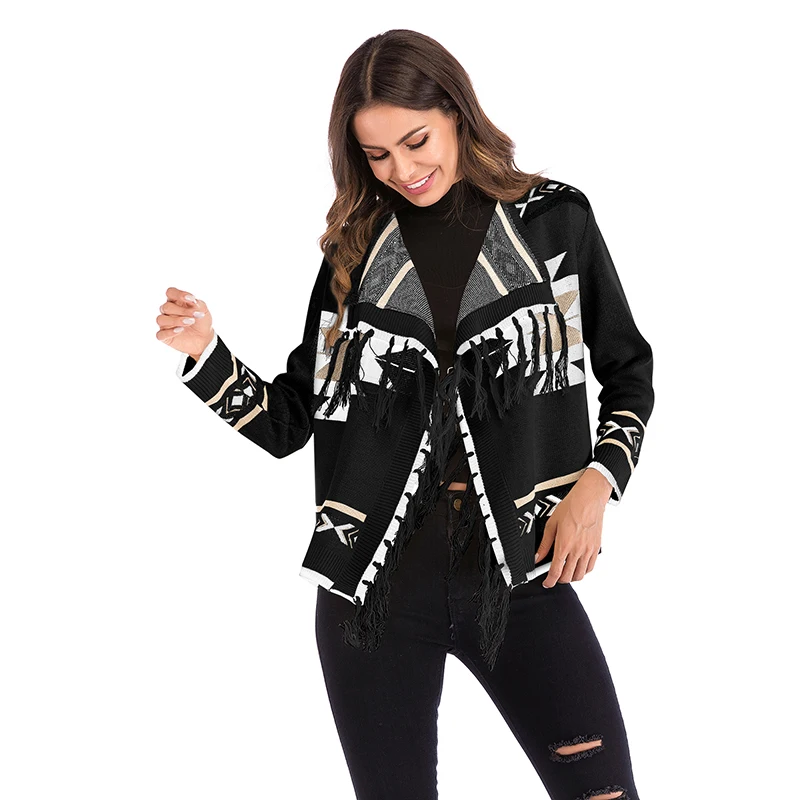 Женский кардиган с отворотом и кисточками геометрический узор длинный рукав