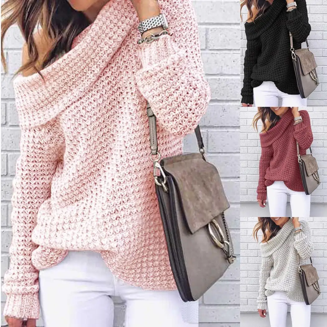 Women Casual Solid Slash Neck Long Winter/Autumn Sleeve Loose Knit Pullover Sweater Regular | Женская одежда