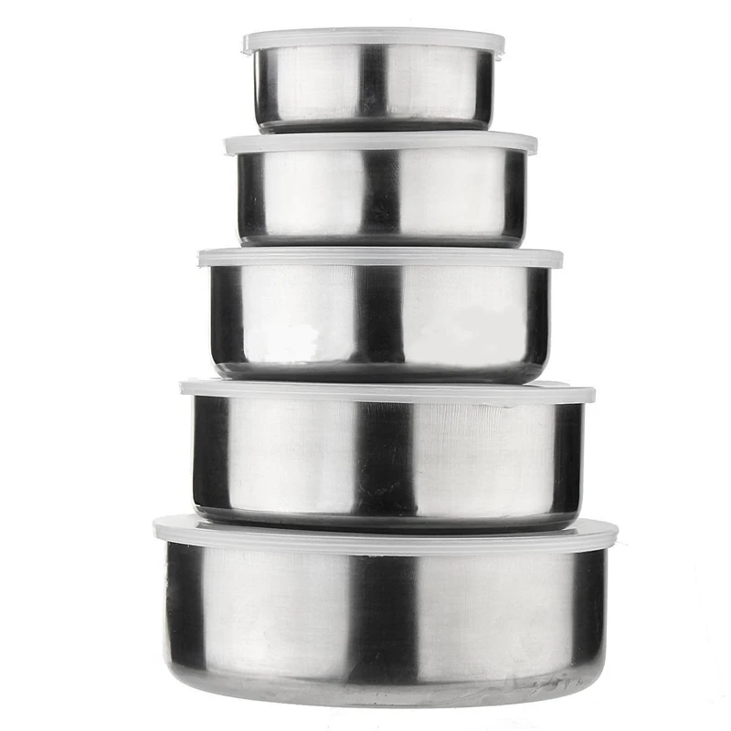 

5Pcs/set New Stainless Steel Mixing Crisper Food Container Bowls Silver Color 5 Bowls with 5 Lids Kitchen Pot Tableware Tools