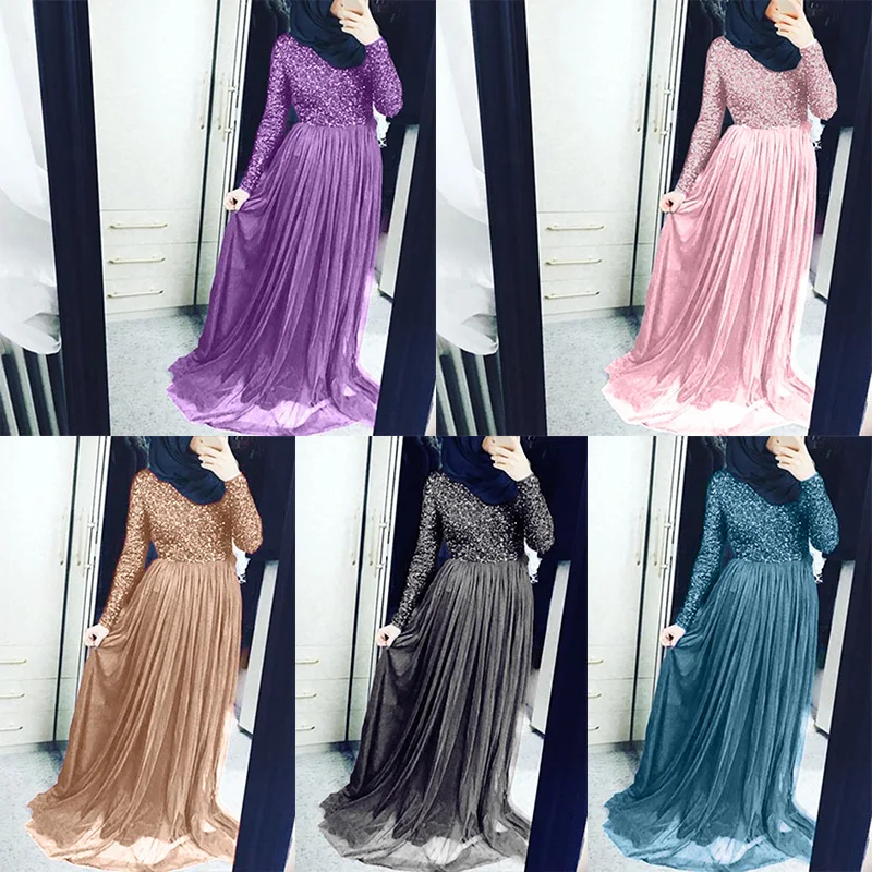 Модное мусульманское женское платье с длинным рукавом из тюля элегантные