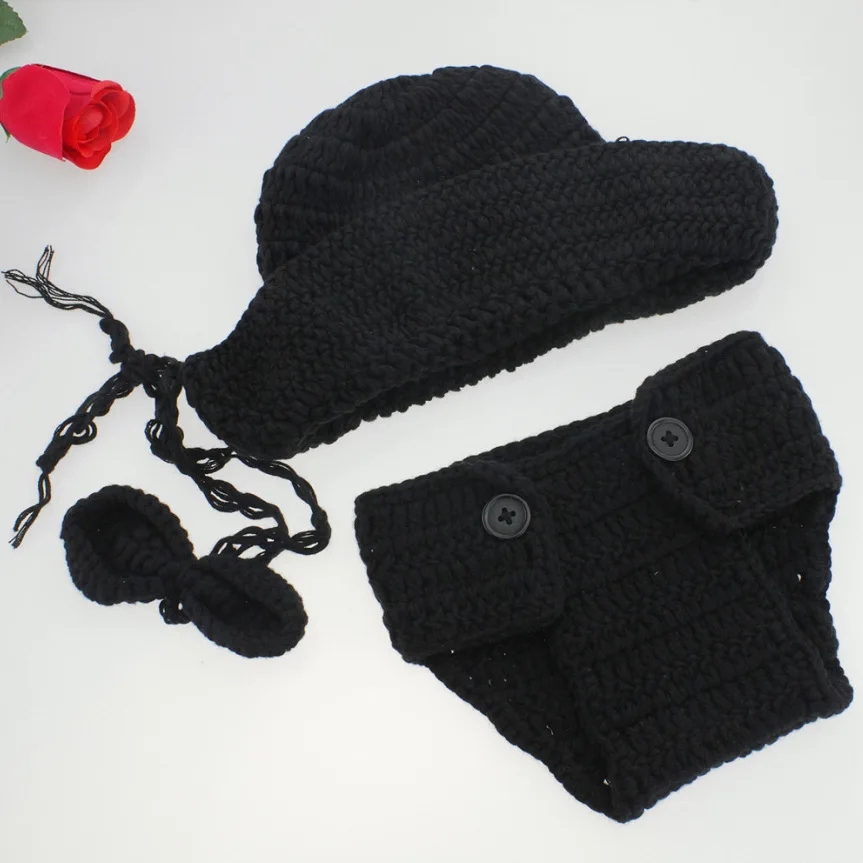 

Newborn Photography Props Baby Boy Accessories Baby Clothes Photography Black Knitted Hat+Bow Tie+Pants Set Baby Photo Props