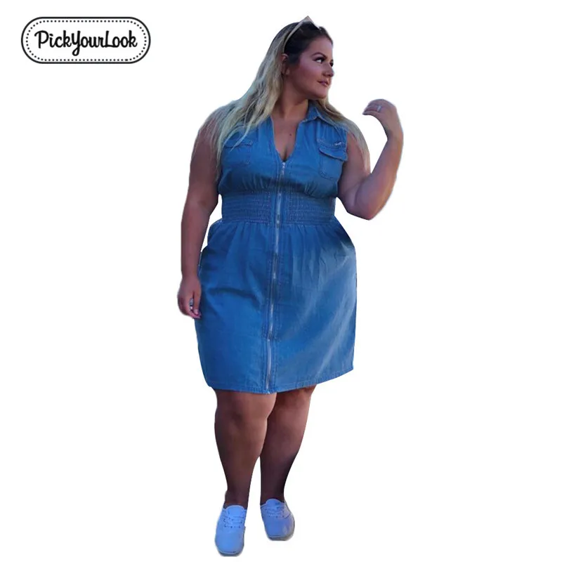 Женское джинсовое платье Pickyourlook размера плюс, летнее, без рукавов, модное, синее, женское, мини платье на молнии, с карманами, v-образный вырез, большое, женское платье