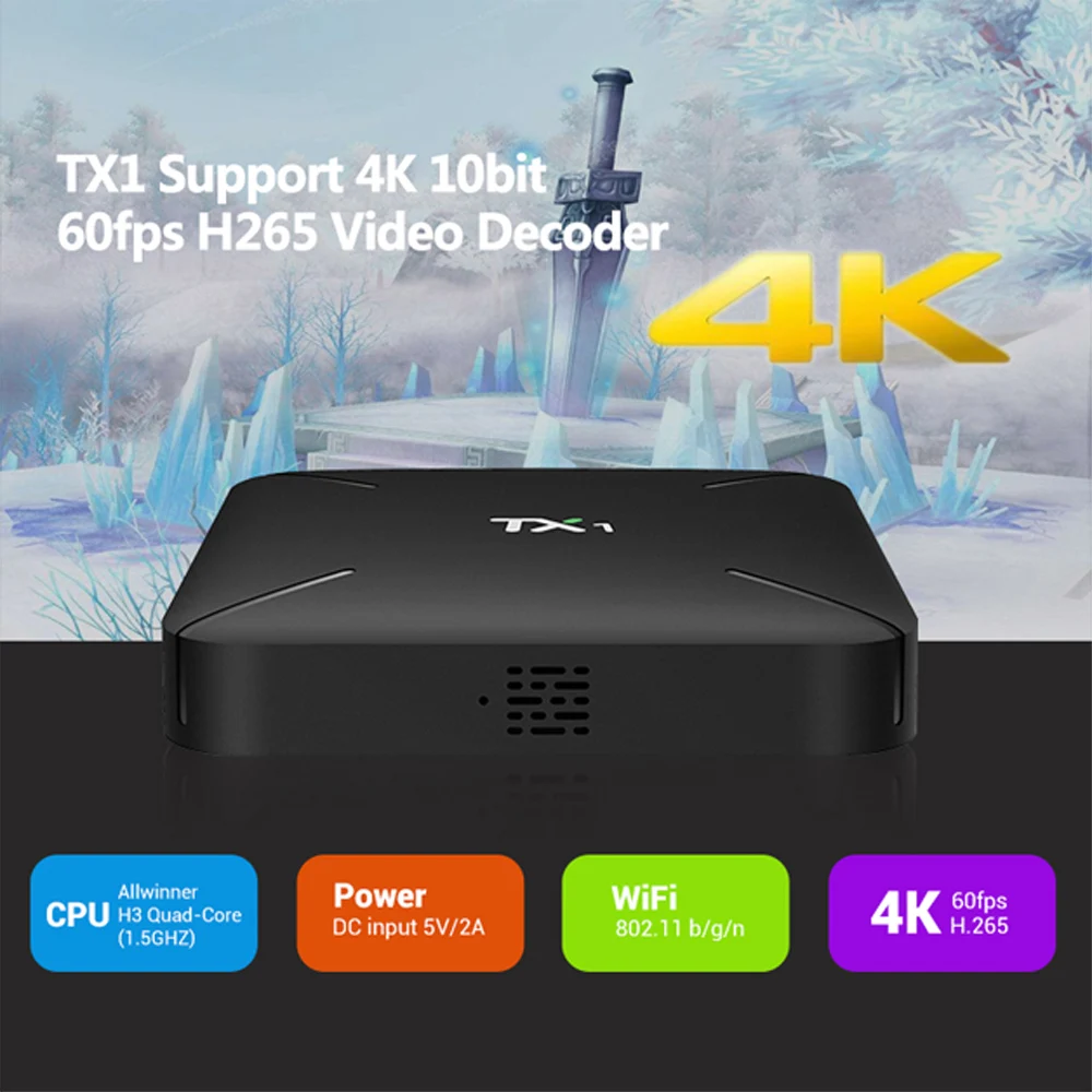 TX1 Android 7 1 ТВ приставка Allwinner H3 1G/8G UHD 4K Умный домашний кинотеатр Поддержка H.265 3D