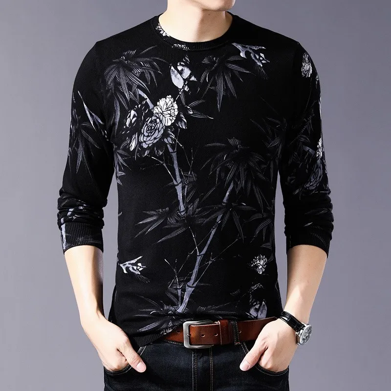 Черно-белый свитер с принтом Erkek Kazak Мужской пуловер круглым вырезом Sueter Hombre Slim Fit