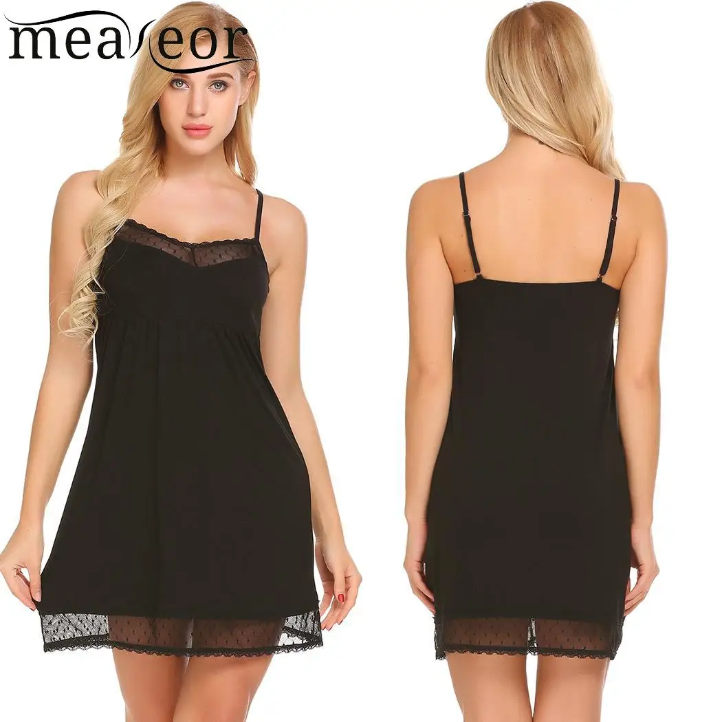 Meaneor Lace Trim Women Sleepwear Chemise Nightgown Slip Lingerie Dress Solid Strappy Sleep V Neck Summer Nightwear |
