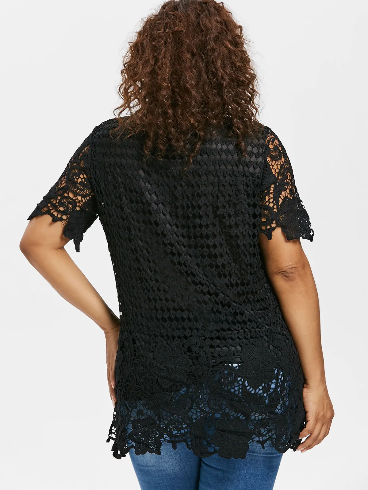 Wipalo Women Plus Size 5XL Crochet Lace Blouse Scoop Neck Short Sleeves Casual Solid Black 2019 Ladies Summer Tops|Блузки| |