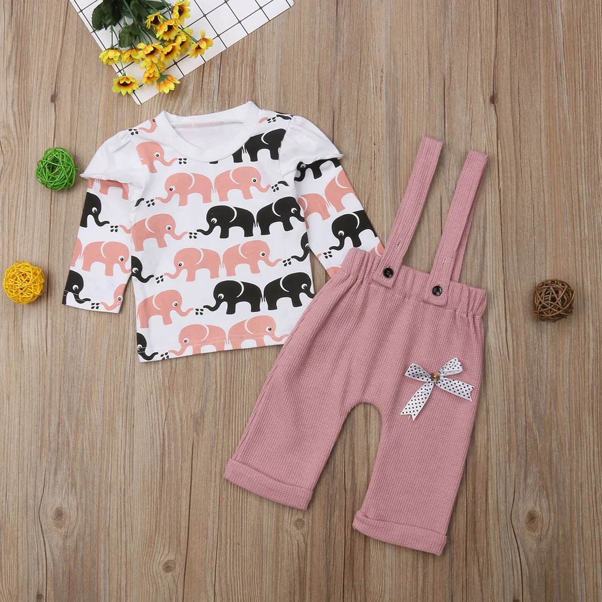 Cute Infant Toddler Kids Baby Boy Girl Long Sleeve Elephant T-shirt Tops Overalls Bib Pant 2PCS Outfits Clothing Set | Детская одежда и