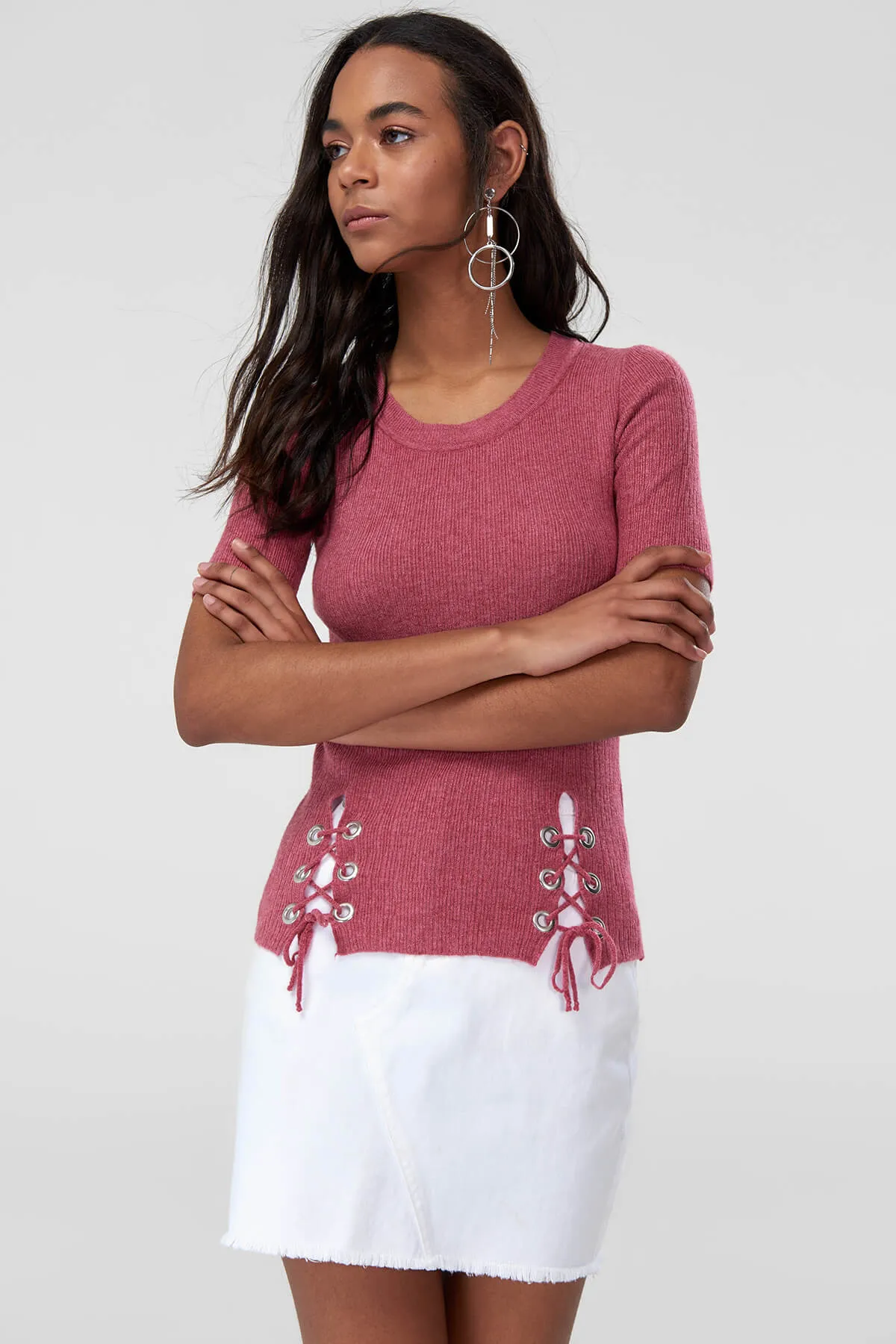Trendyol Red Short Sleeve Sweater Tops TCLAW18MY0086 Eyelet Detail |