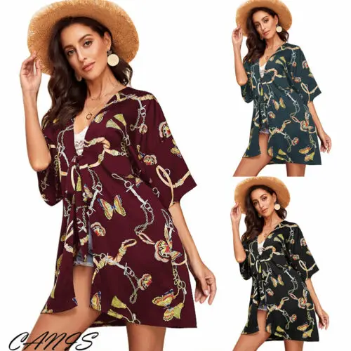 

New Fashion Women's Kimono Cardigan Boho Beach Half Sleeve Tops Coat Long Blouse