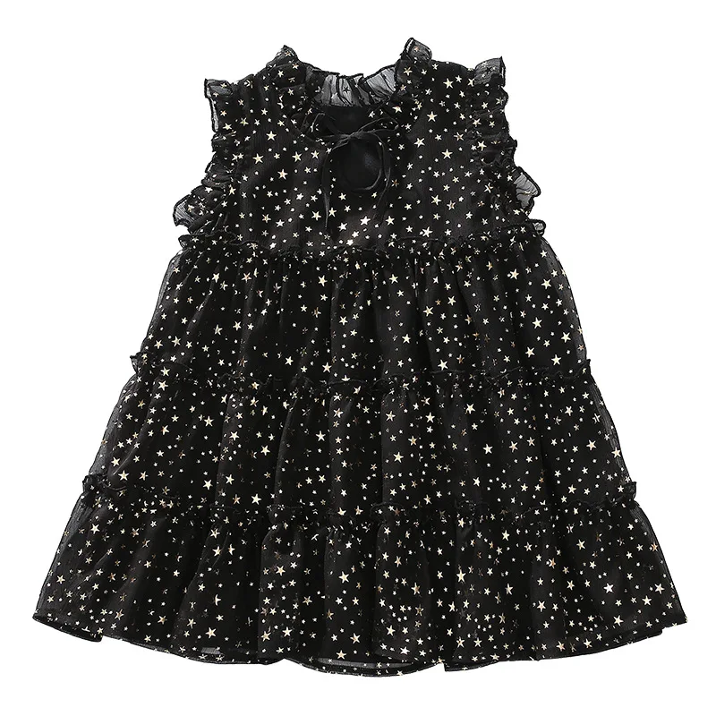 black dress age for 3 - 12 yrs little girls shine star pattern christmas princess costume summer white sleeveless ruffle frocks | Детская