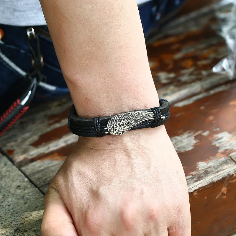 Vintage Punk Alloy Weave Wing Cowhide charms Bracelet homme men Man Leather Jewelry Gothic bracelets for women bijoux femme | Украшения и