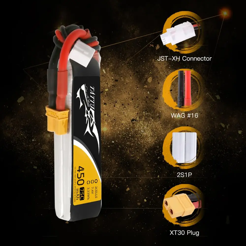 TATTU-bater&iacute;a Lipo 2s 75C RC, 7,4 v, 450mAh, enchufe XT30, para Mini Dron, cuadric&oacute;ptero, UAV, coche, FPV, tama&ntilde;o 120-4