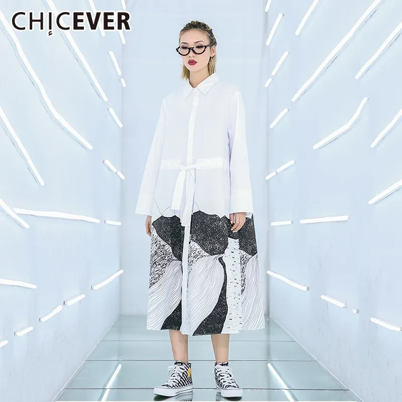CHICEVER весеннее женское длинное черное платье с отворотом длинным рукавом принтом