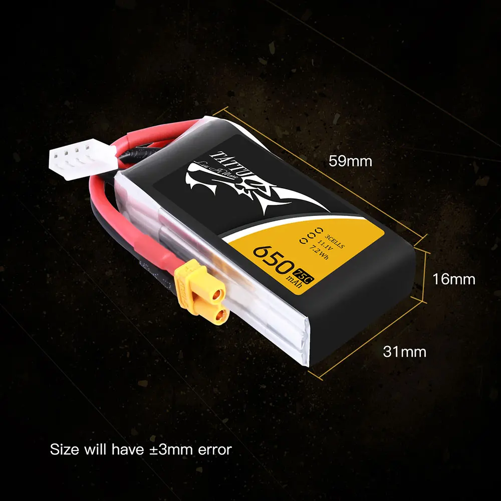 Tattu Lipo 650mAh 3S 75C Battery Pack 11.1V XT30 Plug Polymer Power for FPV 100 to 180 size Drone Helicopter Quadcopter | Игрушки и