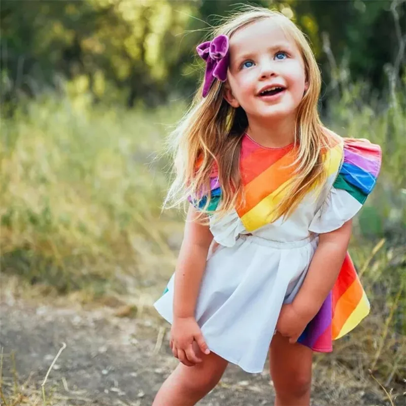 1-5Y Fashion Girls Princess colorful rainbow bodysuit Dress cotton kids dresses for girls Party Pageant Back Bow Tutu Dresses | Детская