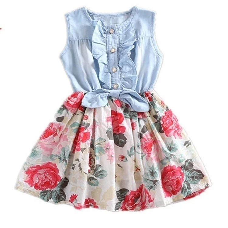 Girls Dress 2019 Summer New Clothing Cotton Denim Children's Flower Splice Princess Print | Детская одежда и обувь