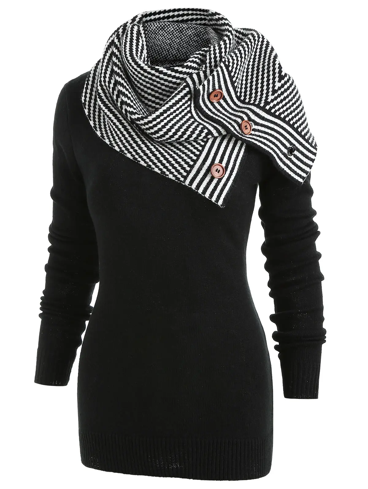 Wipalo Pullover Sweater Women Buttons Crew Neck Long Sleeve With Striped Scarf Winter New Fashions Ladies Tops Clothing | Женская одежда