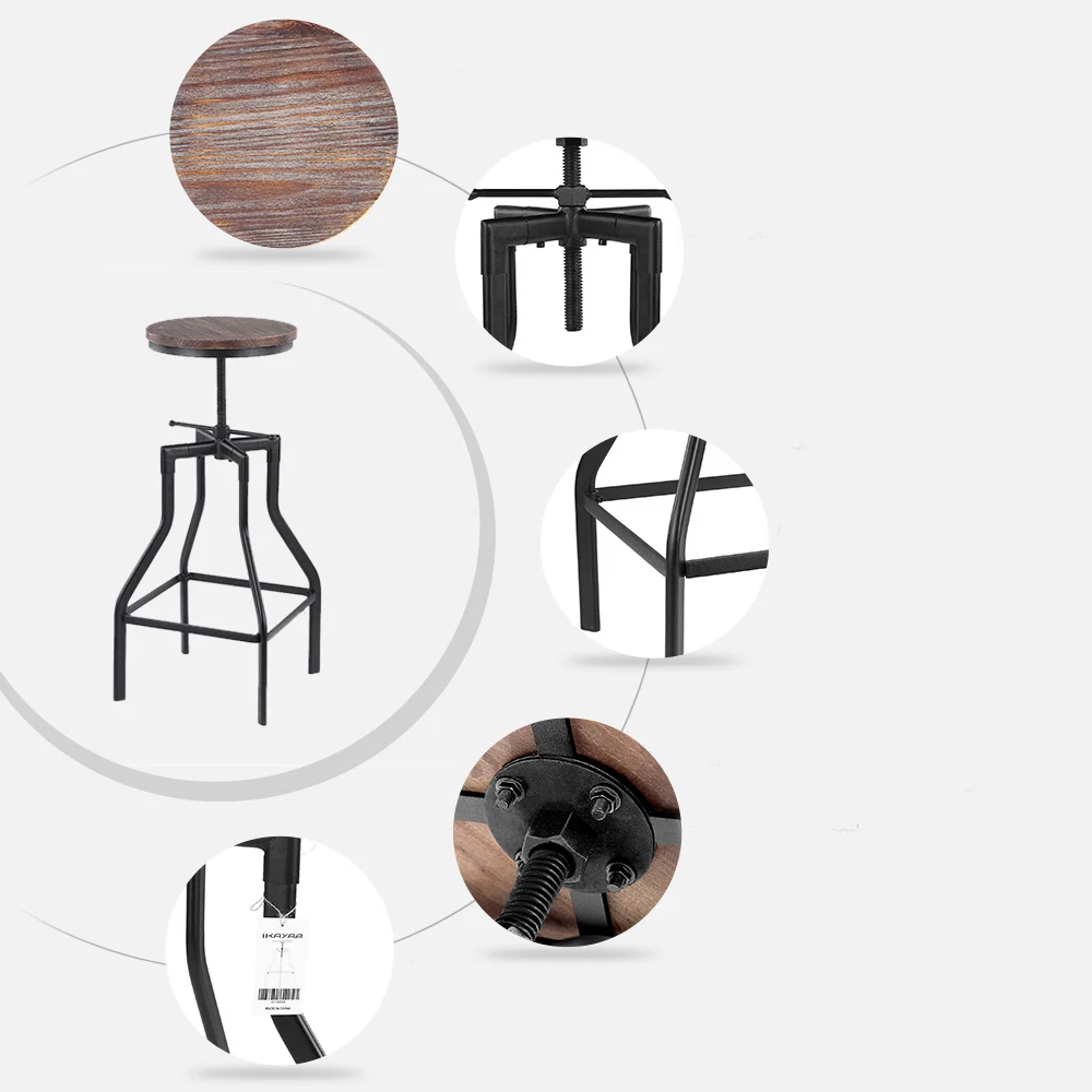 

iKayaa Height Adjustable Swivel Bar Stool Industrial Style Natural Pinewood Top + Metal Kitchen Dining Chair