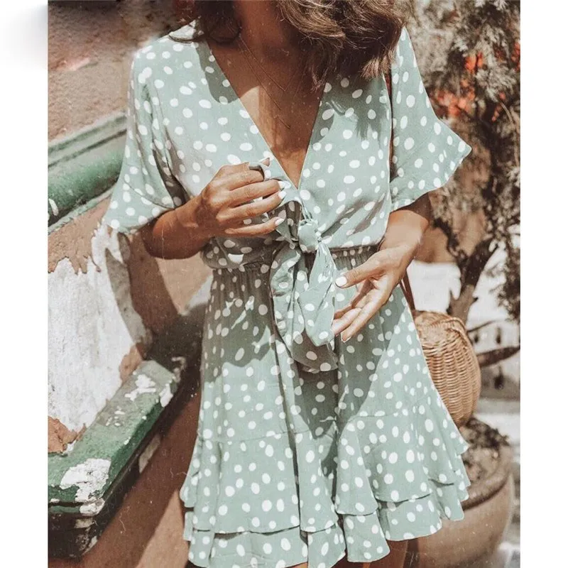 Женское платье в горошек с оборками пляжное богемном стиле коротким рукавом и