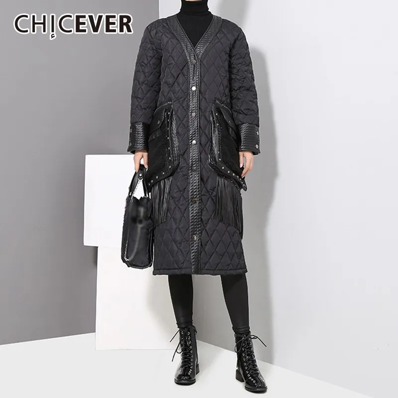 CHICEVER/женская зимняя куртка с v-образным вырезом и длинным рукавом однобортное
