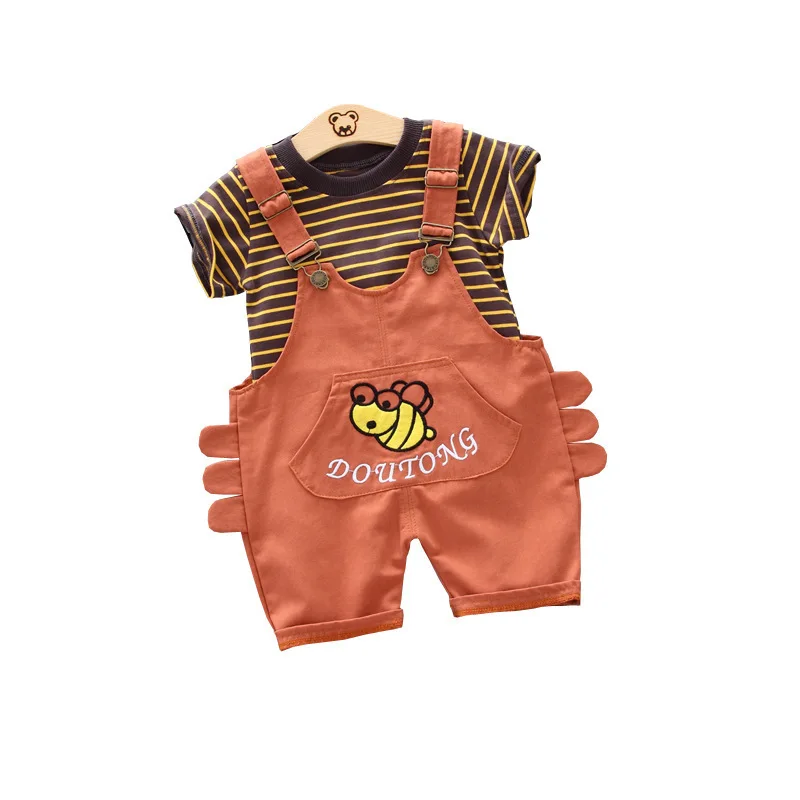 Children Boys Girls Cotton Clothing Fashion Baby Striped T-shirt Overalls 2Pcs/Set Kids Cartoon Clothes Summer Toddler Tracksuit | Детская