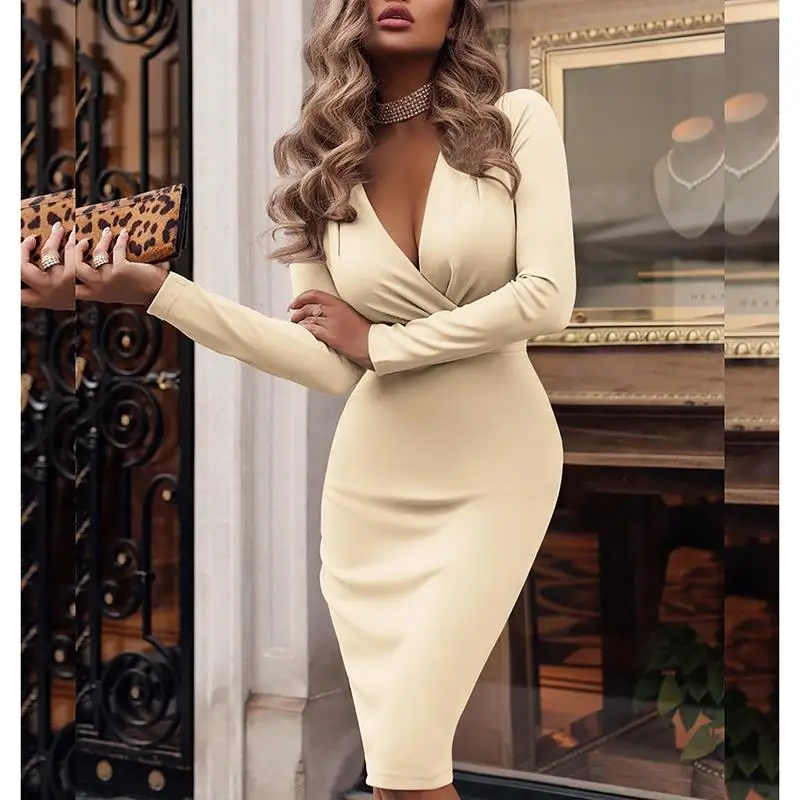 

Sexy V Neck Dress Women Solid Knee-Length Bodycon Work Dress Long Sleeve Club Elegant Party Dresses Femme Vestidos SJ1427C