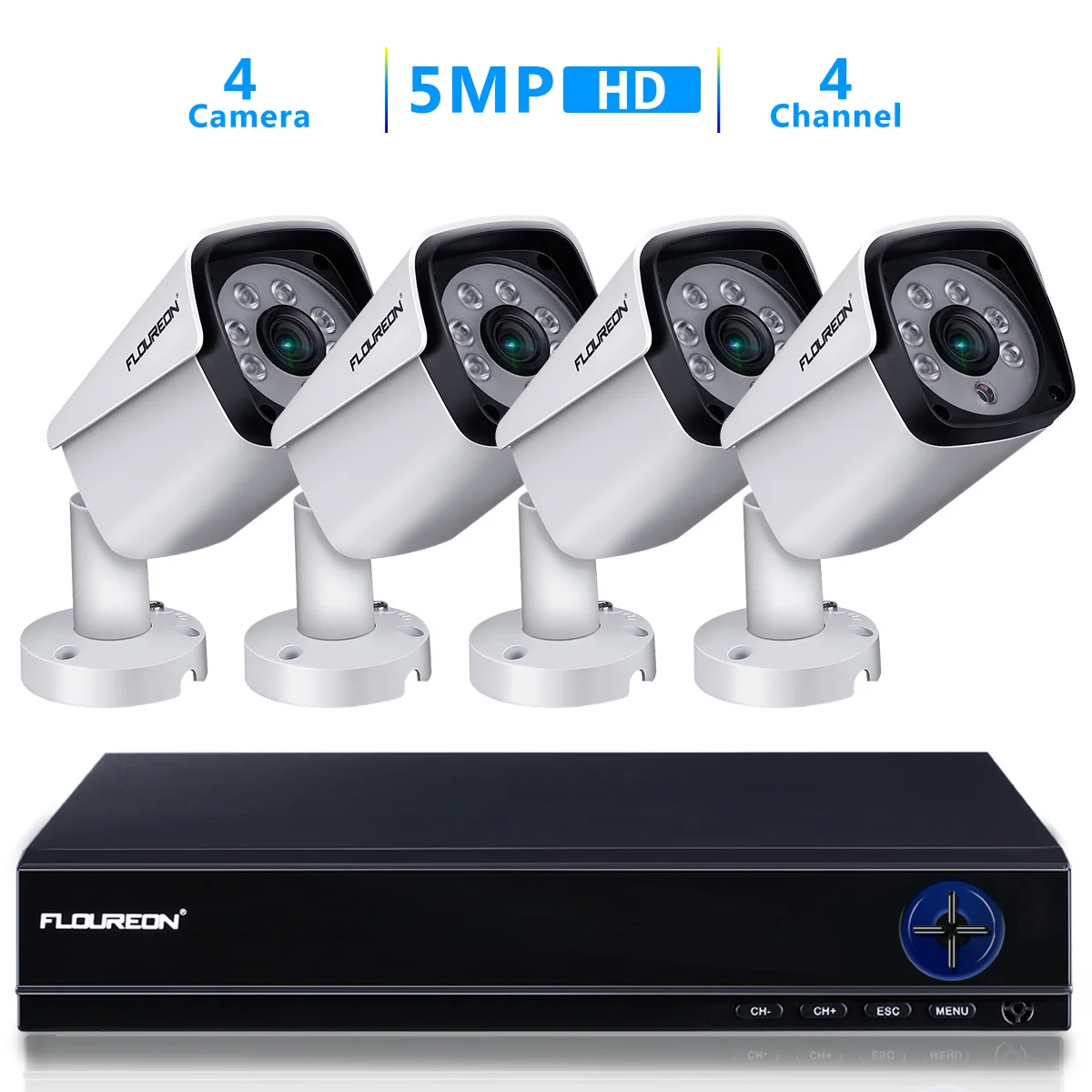 Floureon 4CH HD AHD DVR + 4 шт. 5MP водостойкие CCTV Крытый/Открытый пуля камера s дома/офиса
